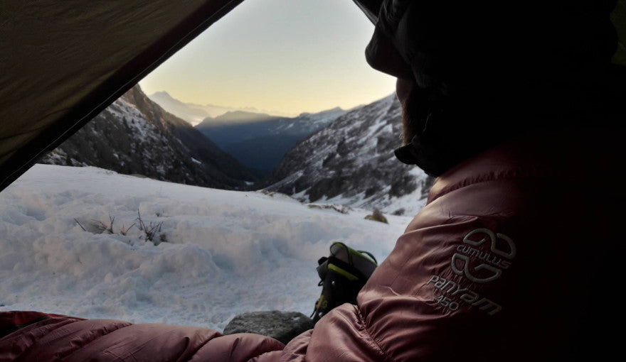 Cumulus down sleeping bag in use in the mountains
