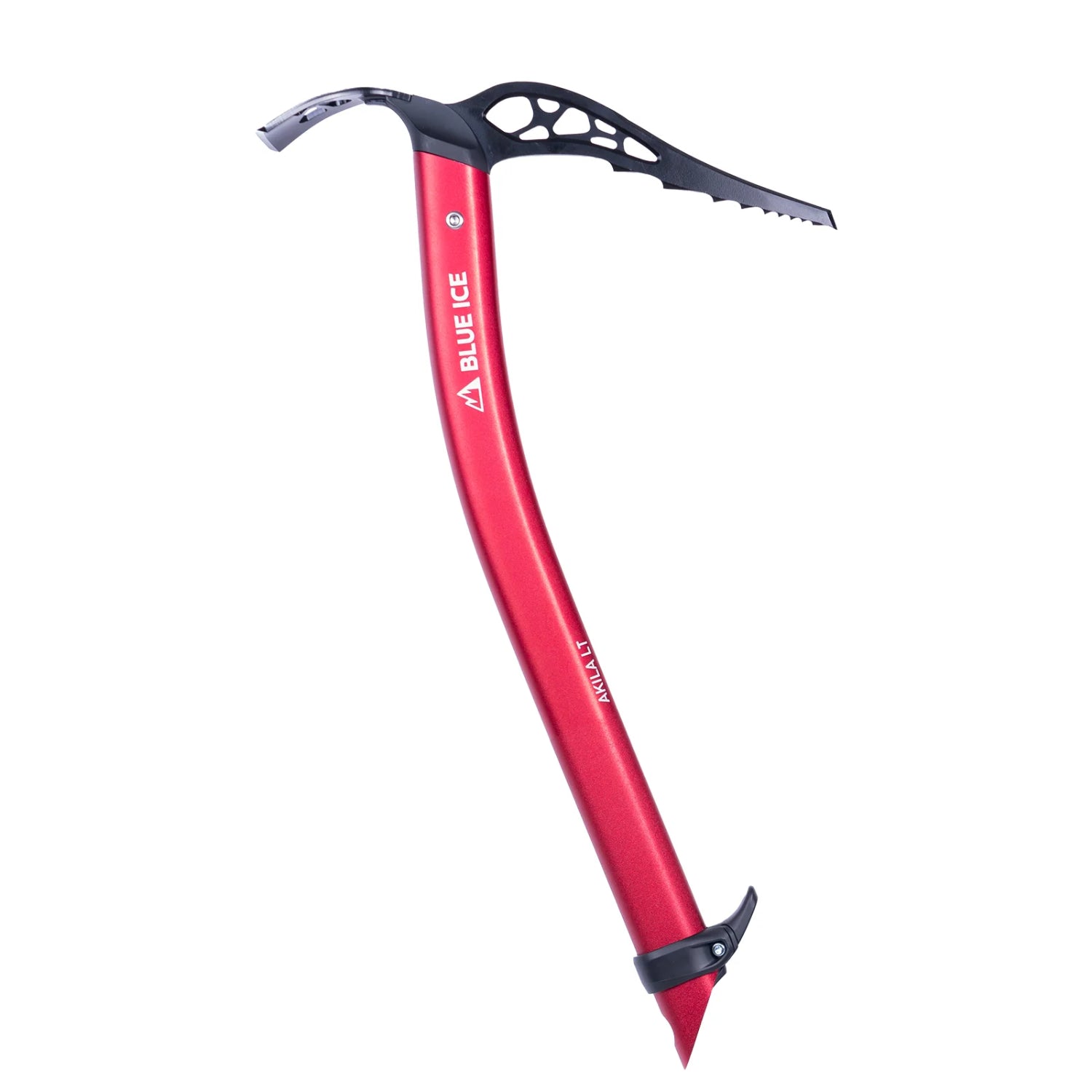 red and black ice axe on a white background with an adze head
