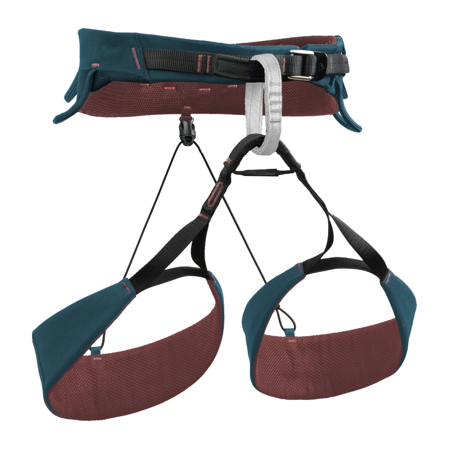 Climbing harness with brown and teal straps on a white background