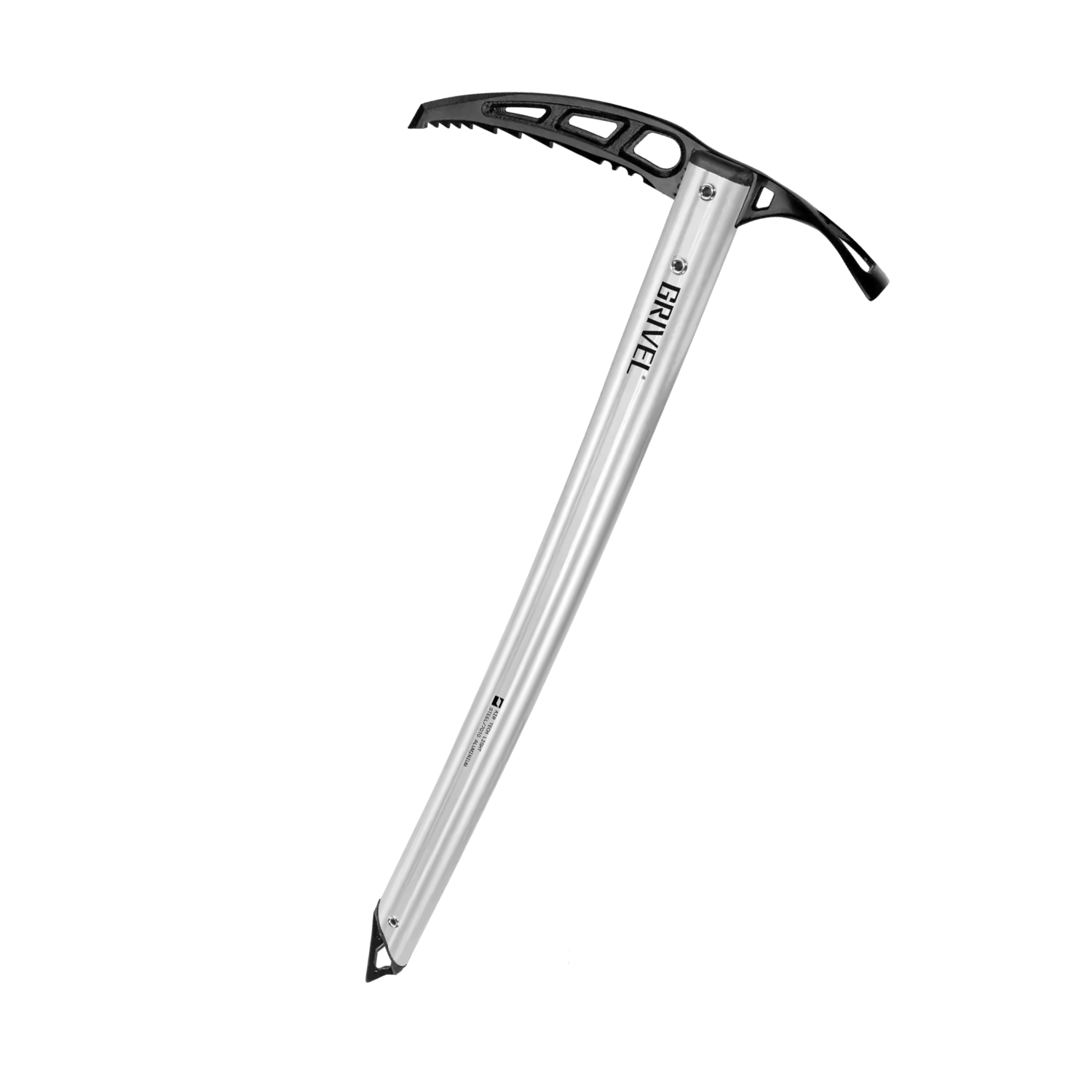 A silver aluminum ice axe with a black plastic and carbon handle, shown diagonally on a plain white background.