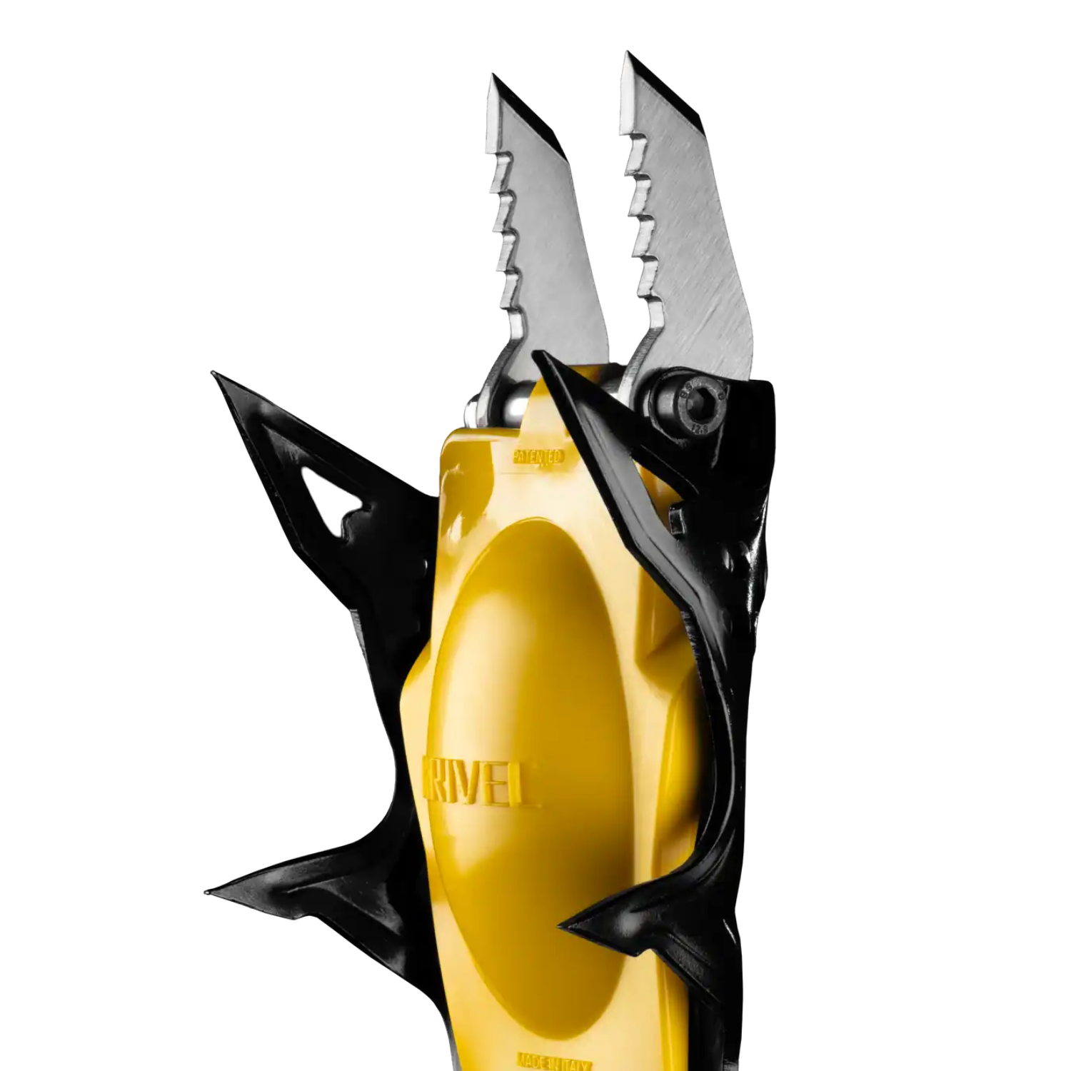 Black and yellow ice climbing crampons with an additional yellow strap accessory, shown on a plain white background.