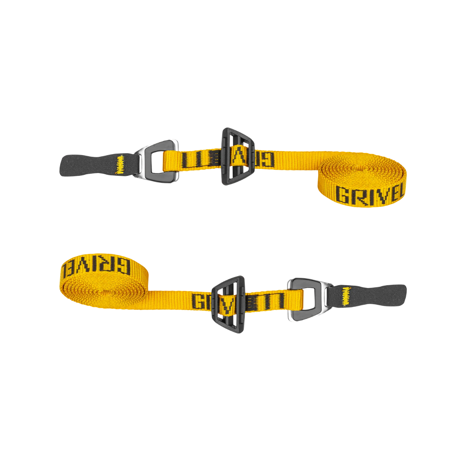 Two yellow Grivel strap adjusters with black and gray buckles, displayed on a clean white background.