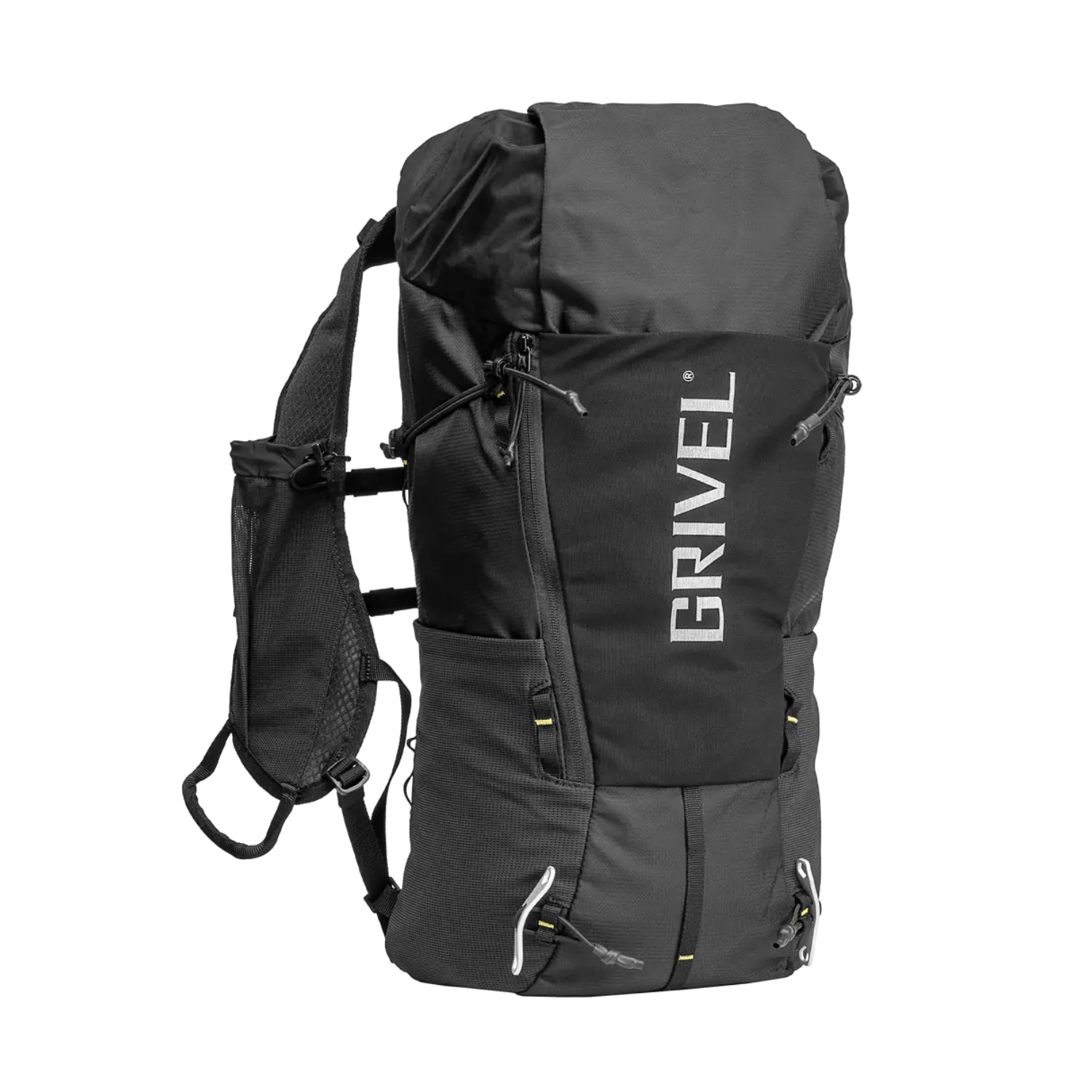 A black Grivel outdoor backpack with a large vertical white GRIVEL logo on the front, shown against a plain white background.