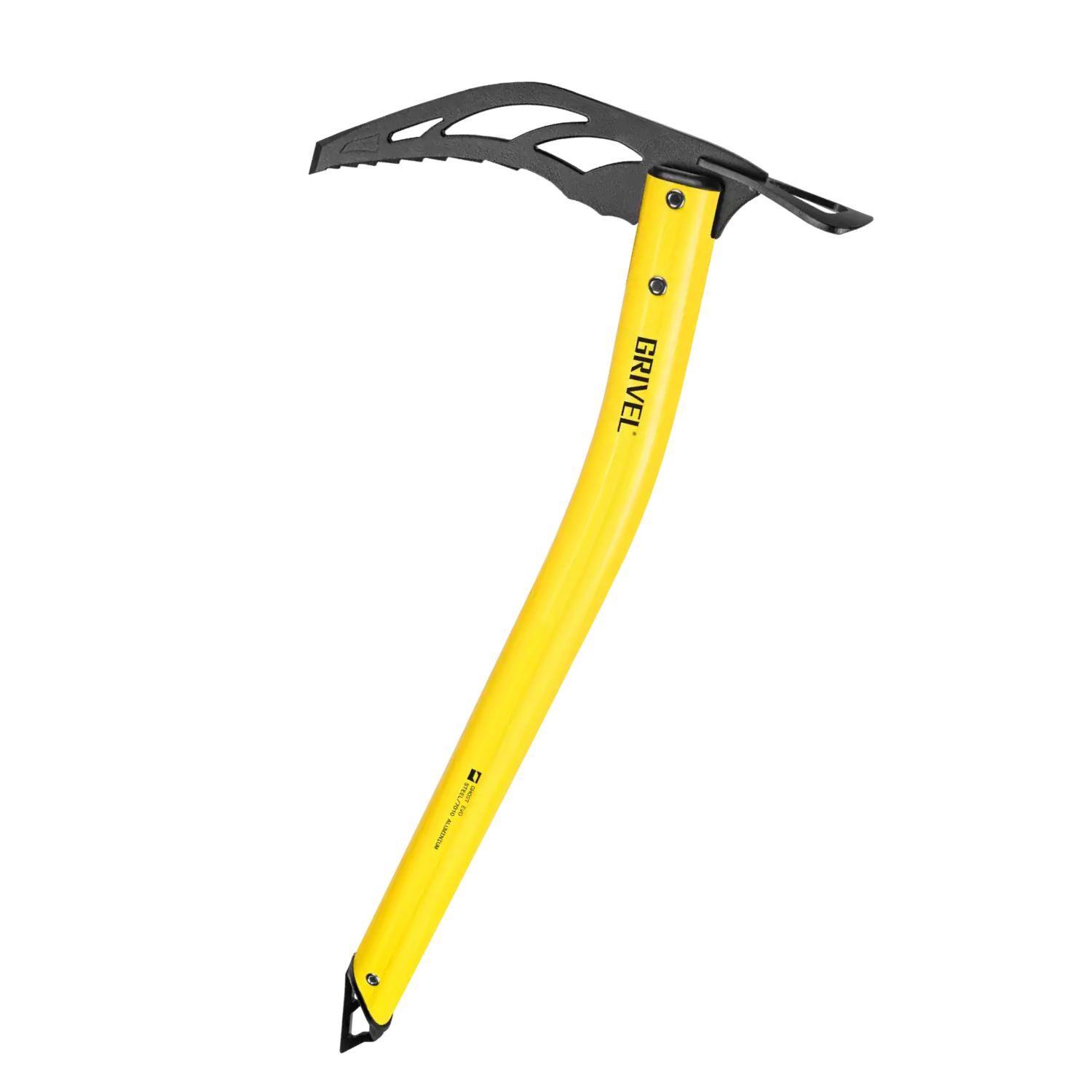 A yellow and black ice axe with the brand name 'BRAVEL' printed on the shaft, shown against a solid white background.