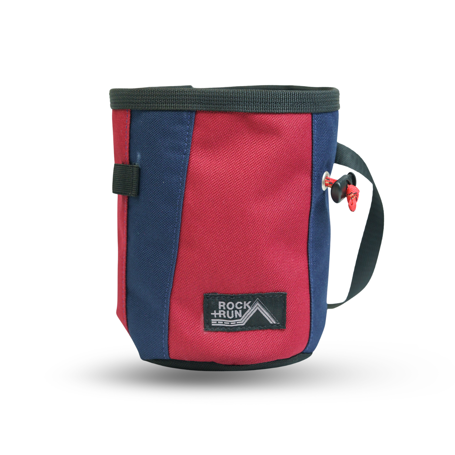 Red and blue chalk bag with a visible brand logo on a white background