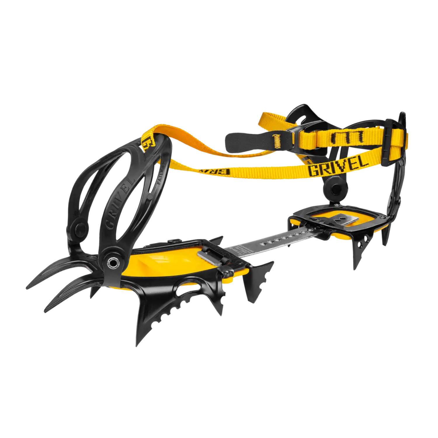Yellow and black ice climbing crampons with a yellow strap and black metal spikes, shown on a plain white background.