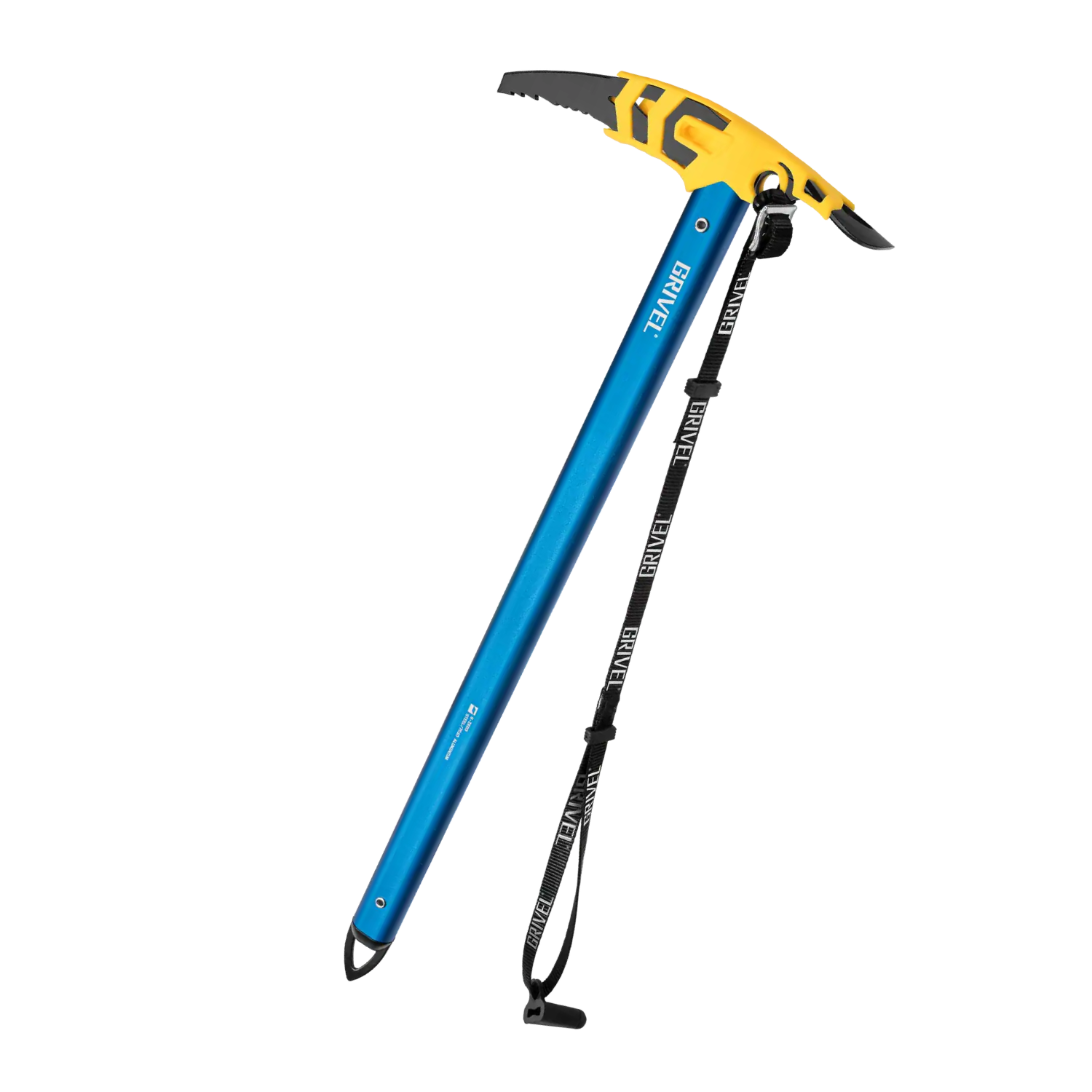 A blue and yellow ice axe with a black wrist strap, shown on a plain white background.