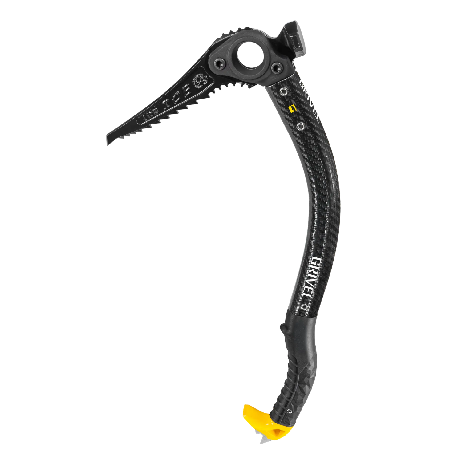 A black carbon fiber ice axe with a textured handle, white 'Brixton' branding, a yellow bottom tip, and a silver metal top spike, shown on a solid white background.