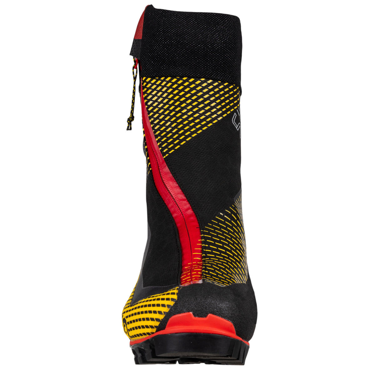 La Sportiva G-Tech mountaineering boots in black red and yellow, showing front toe welt