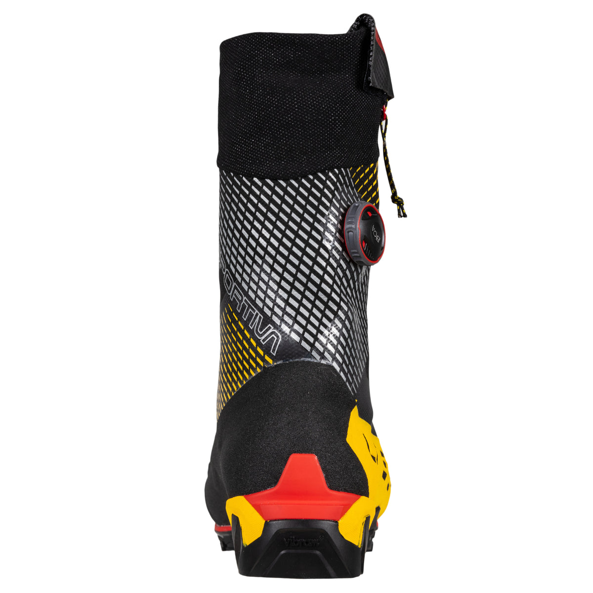 La Sportiva G-Tech mountaineering boots in black red and yellow, showing heel