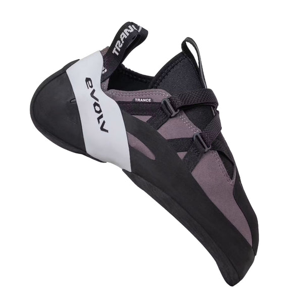 the Evolv Shaman trance climbing shoe in black with purple lining on a white background.