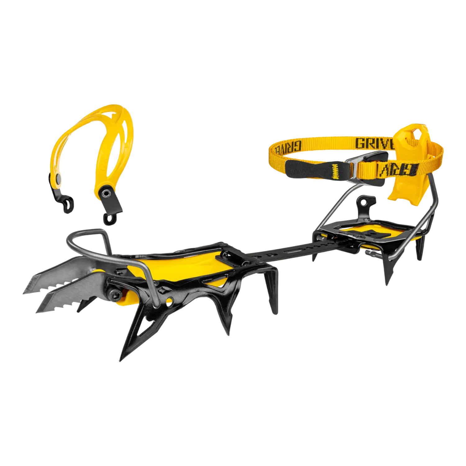 Black and yellow ice climbing crampons with an additional yellow strap accessory, shown on a plain white background.