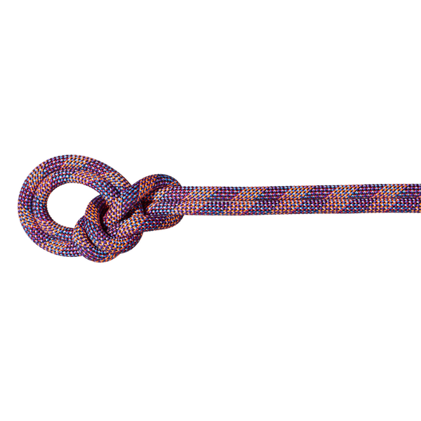 A close-up of a woven rope with a knot, featuring a multicolor pattern of purple, orange, and blue threads on a solid white background.