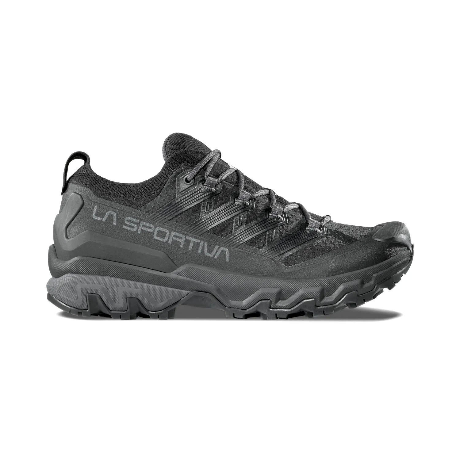 black hiking shoe on a white background