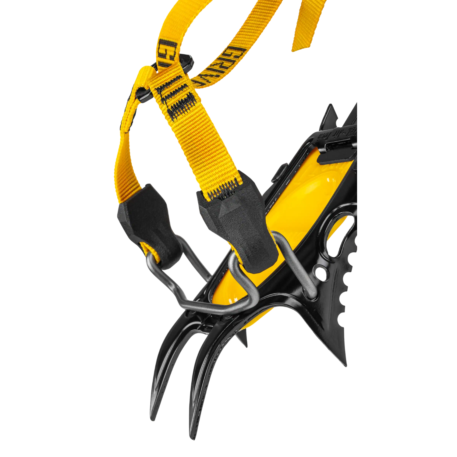 Yellow and black ice climbing crampons with a silver metal hook accessory, shown on a clean white background.
