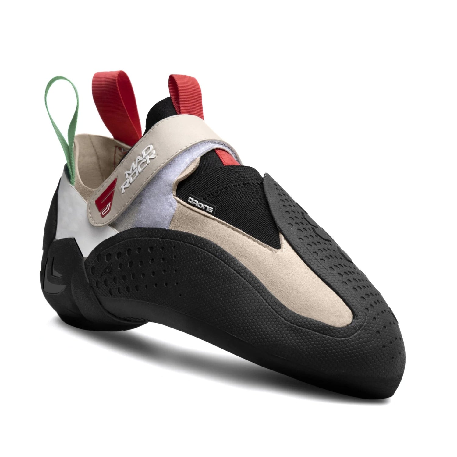 Climbing shoe with beige, black, and red design on a white background