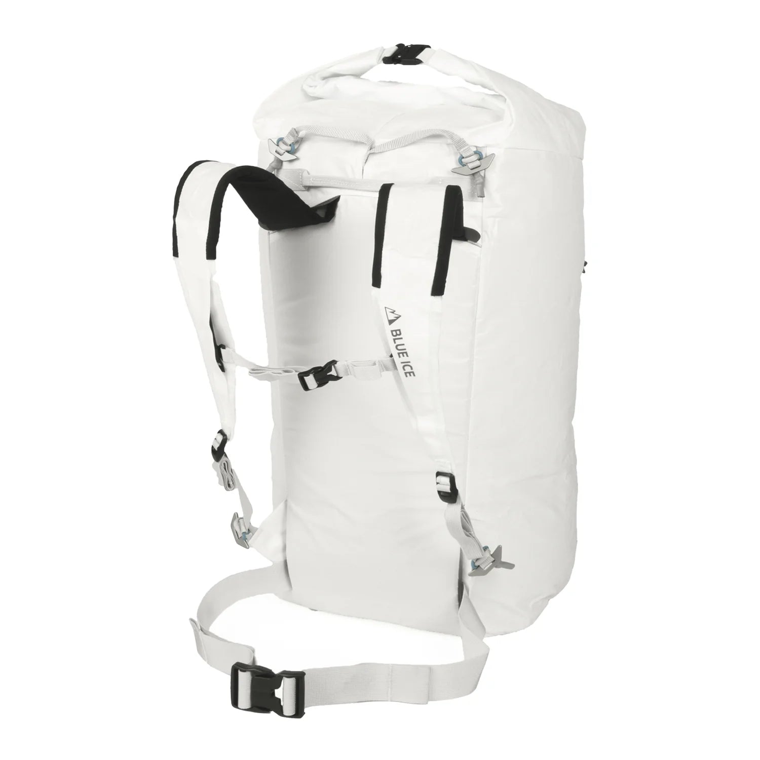 White backpack with visible branding on a white background