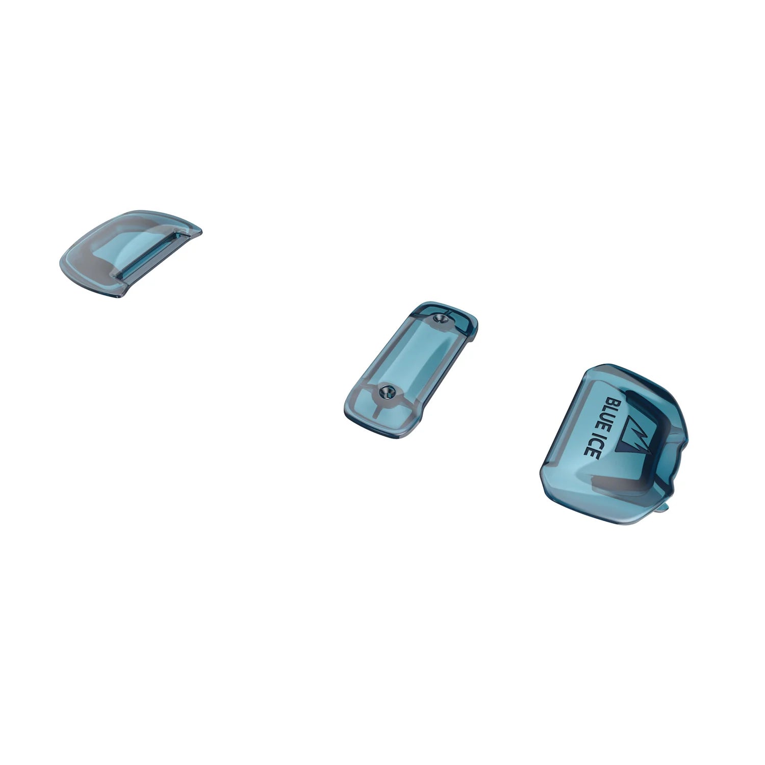 Three blue ice tools on a white background