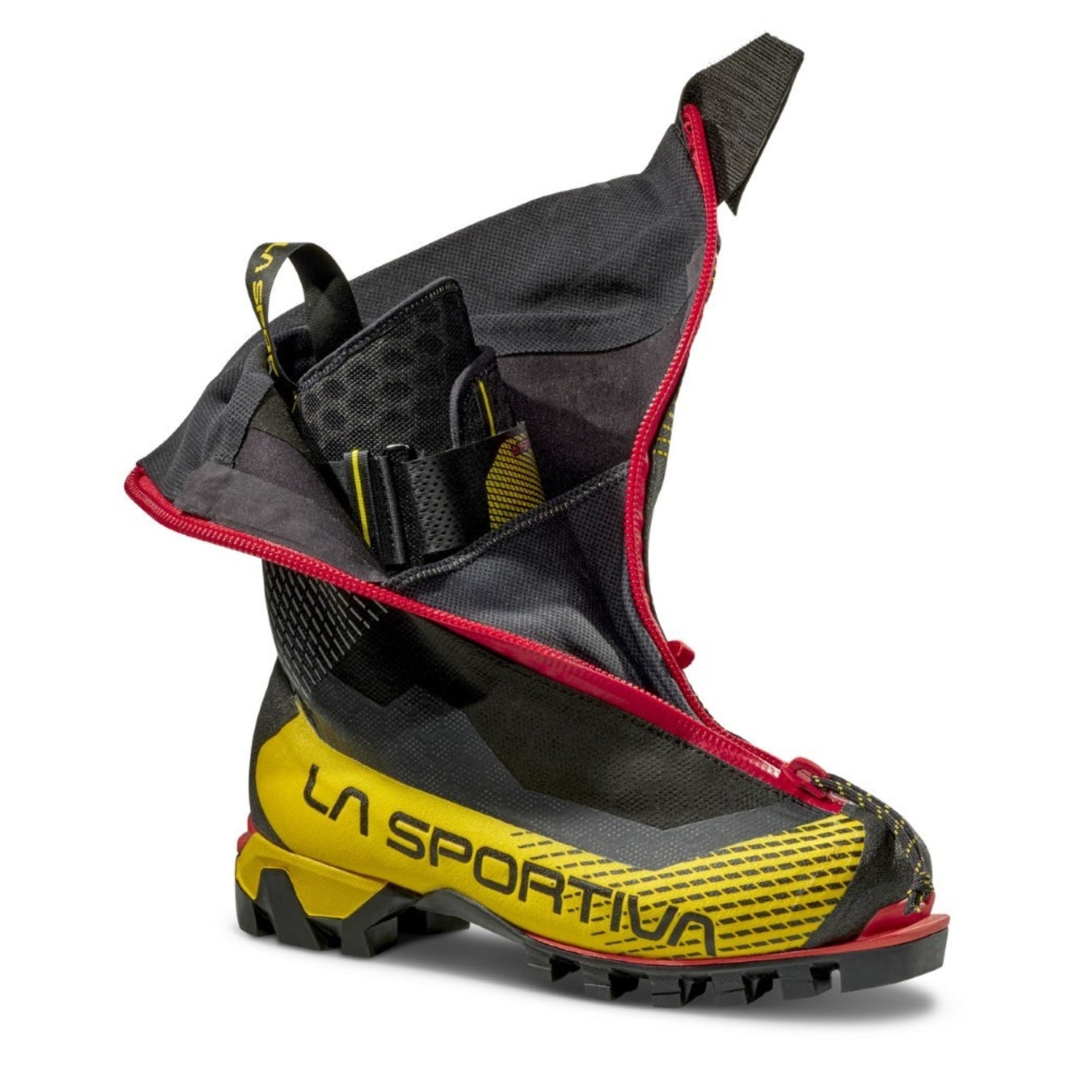 La Sportiva G-Tech mountaineering boots in black red and yellow, showing side on