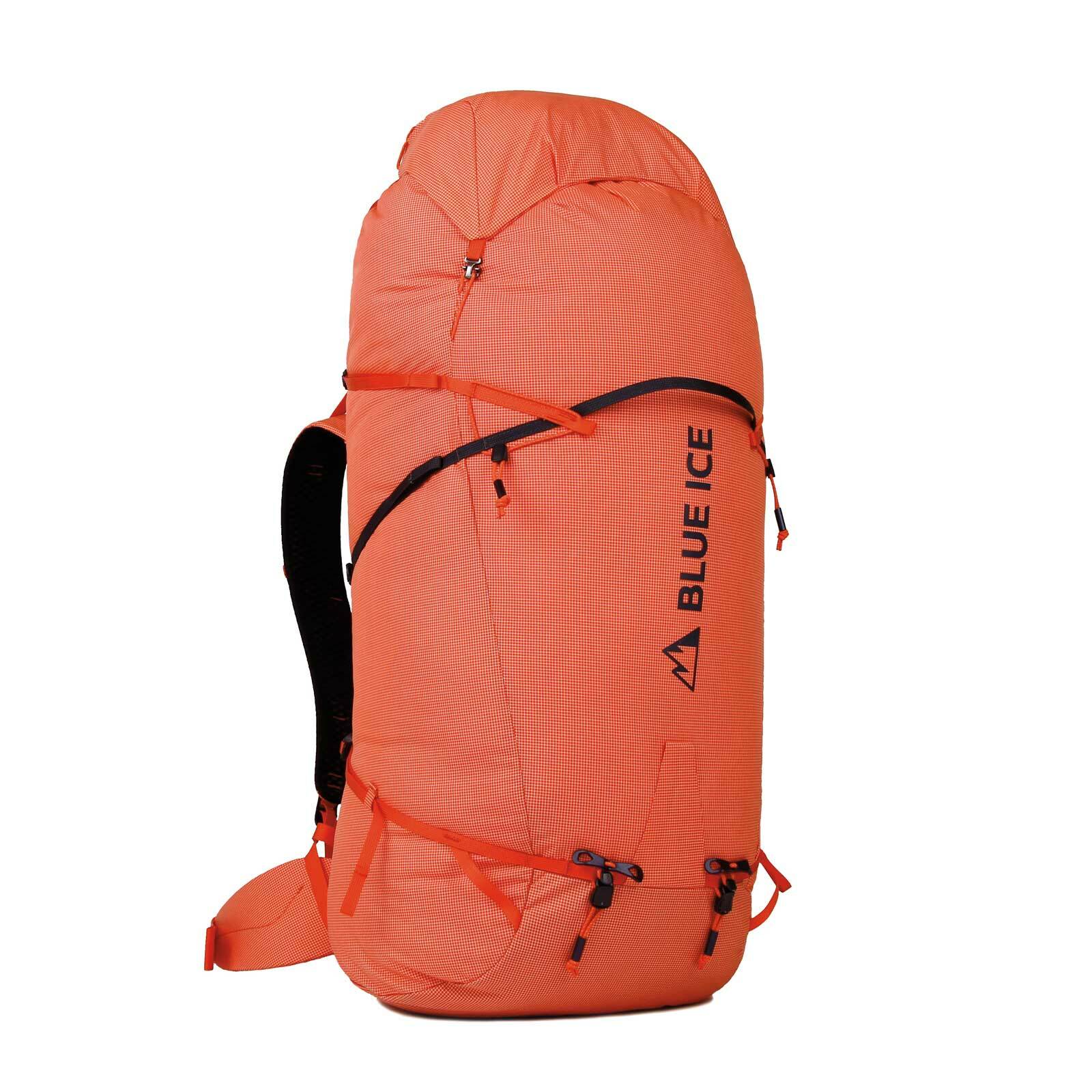 Orange climbing backpack with Black straps and Blue Ice branding on the side.