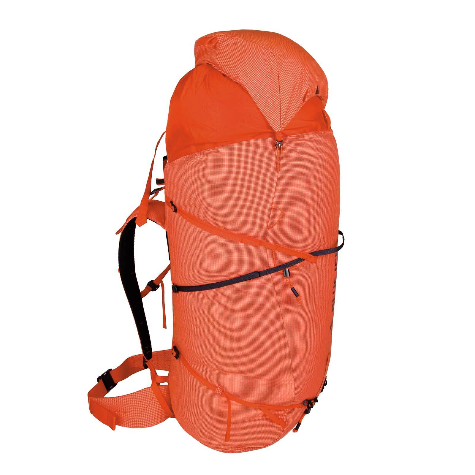 Orange climbing backpack with Black straps and Blue Ice branding on the side.