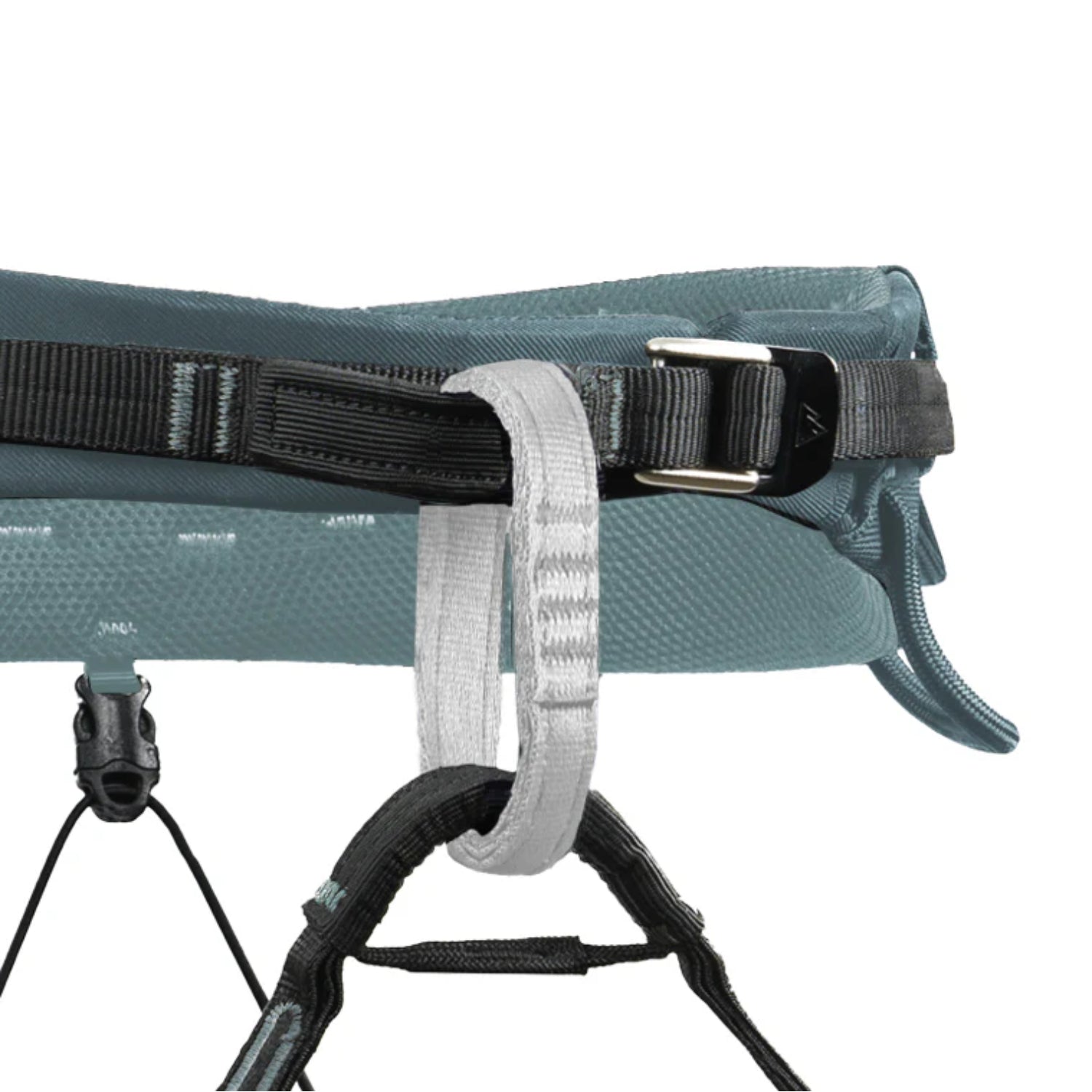 Green climbing harness with multiple straps on a white background