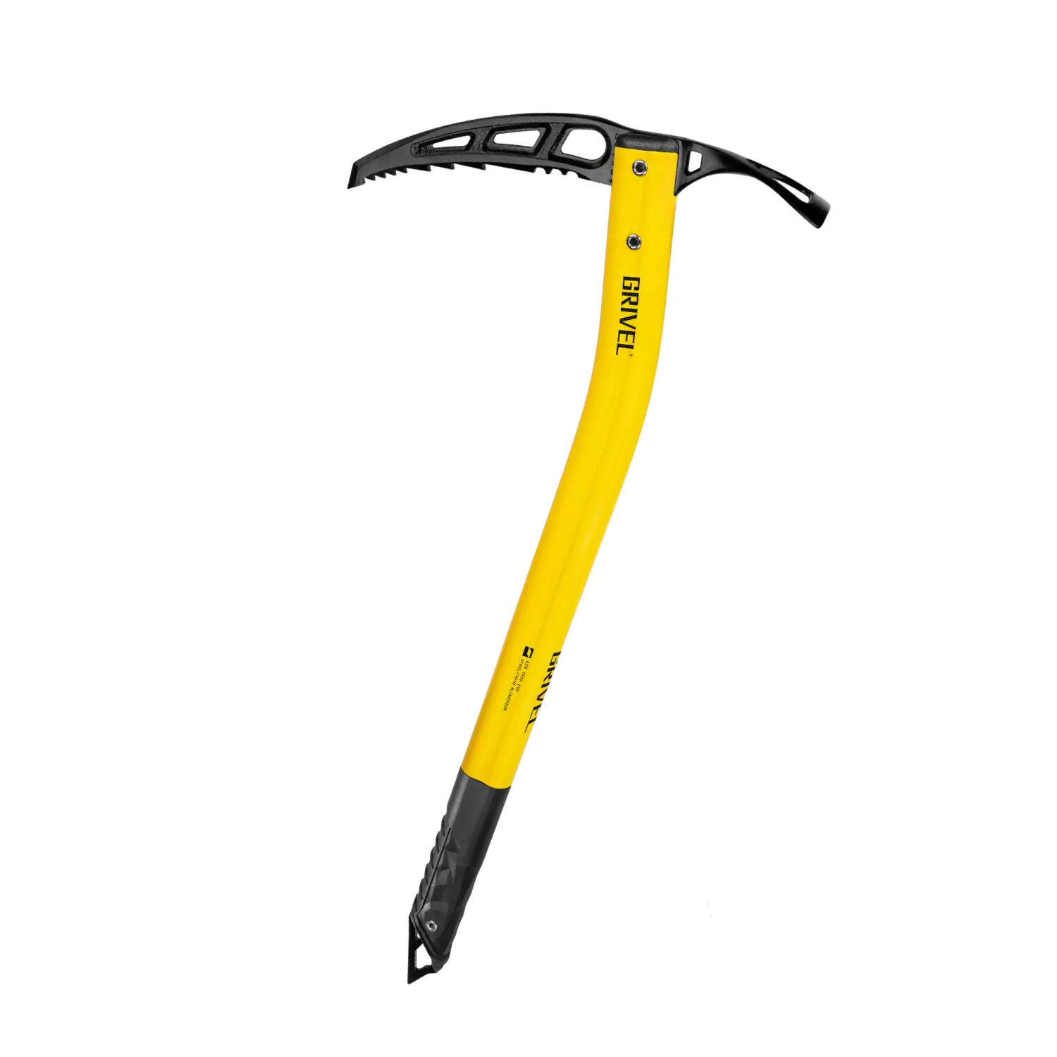 A yellow and black ice axe with a curved aluminum head, black textured handle, and the brand name 'BRAYNE' printed vertically on the shaft, shown against a plain white background.