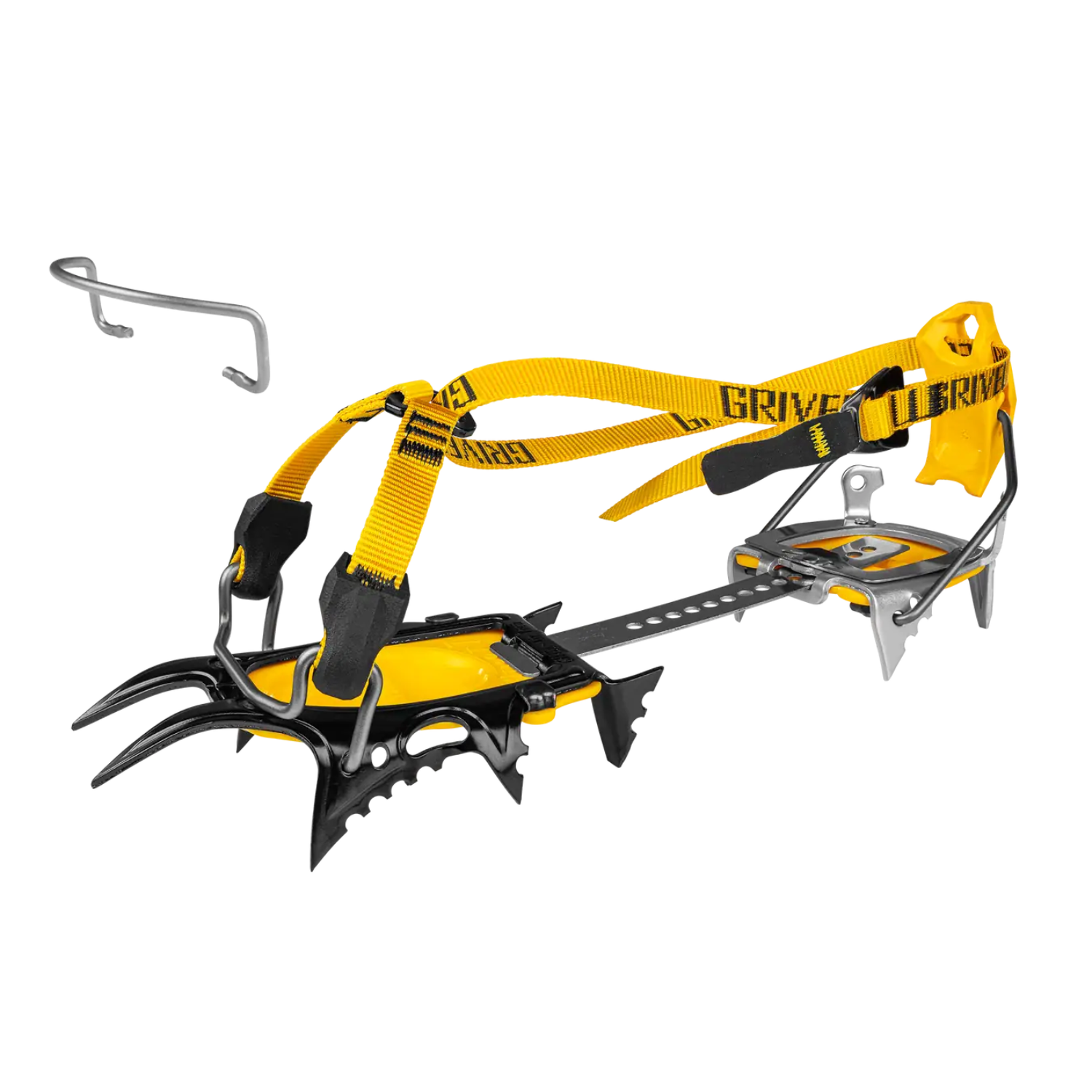 Yellow and black ice climbing crampons with a silver metal hook accessory, shown on a clean white background.