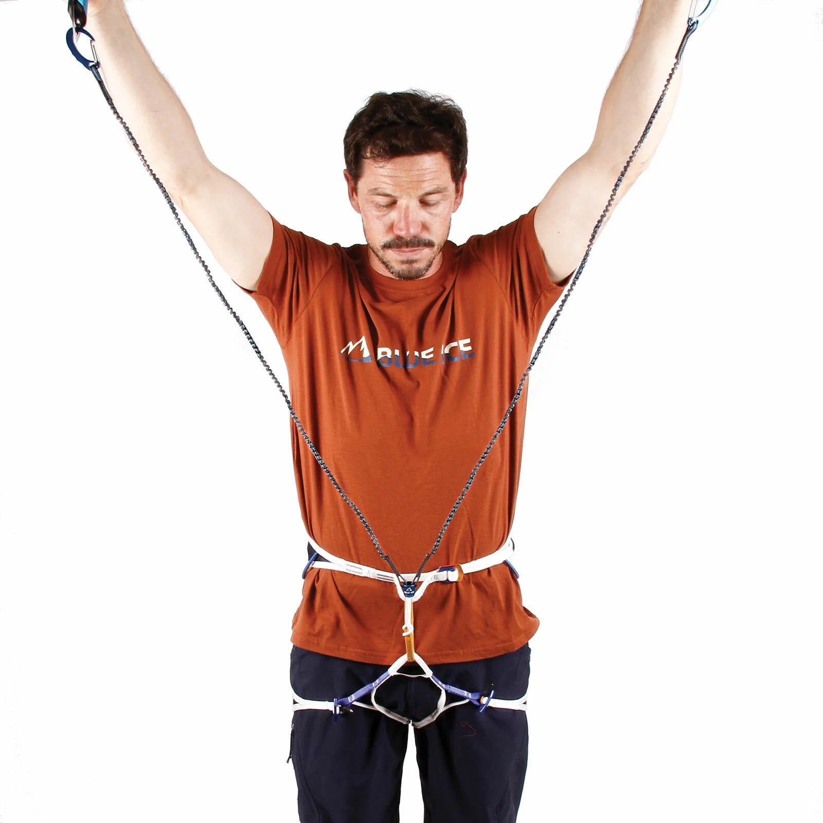 Blue and gray dog leash with carabiners on a white background