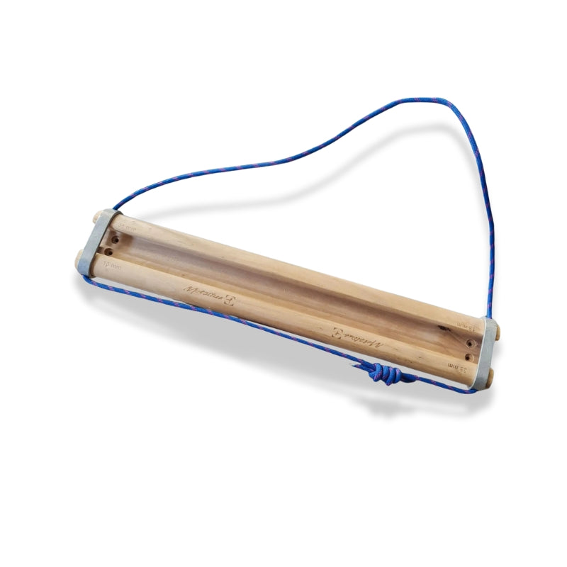 Wooden roller with blue cable on a white background