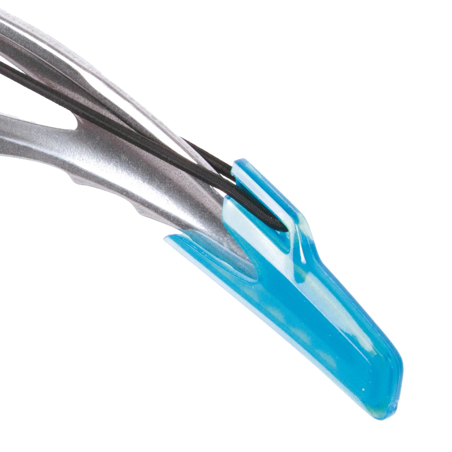 Close-up of a blue and silver tool on a white background