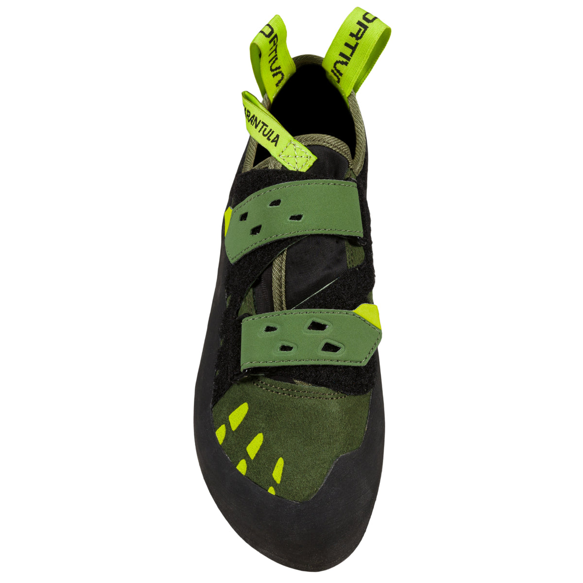 La Sportiva Tarantula in olive/neon colour showing toe and velcro straps