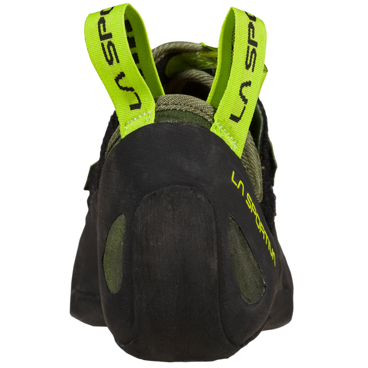 La Sportiva Tarantula in olive/neon colour showing heel and pull straps