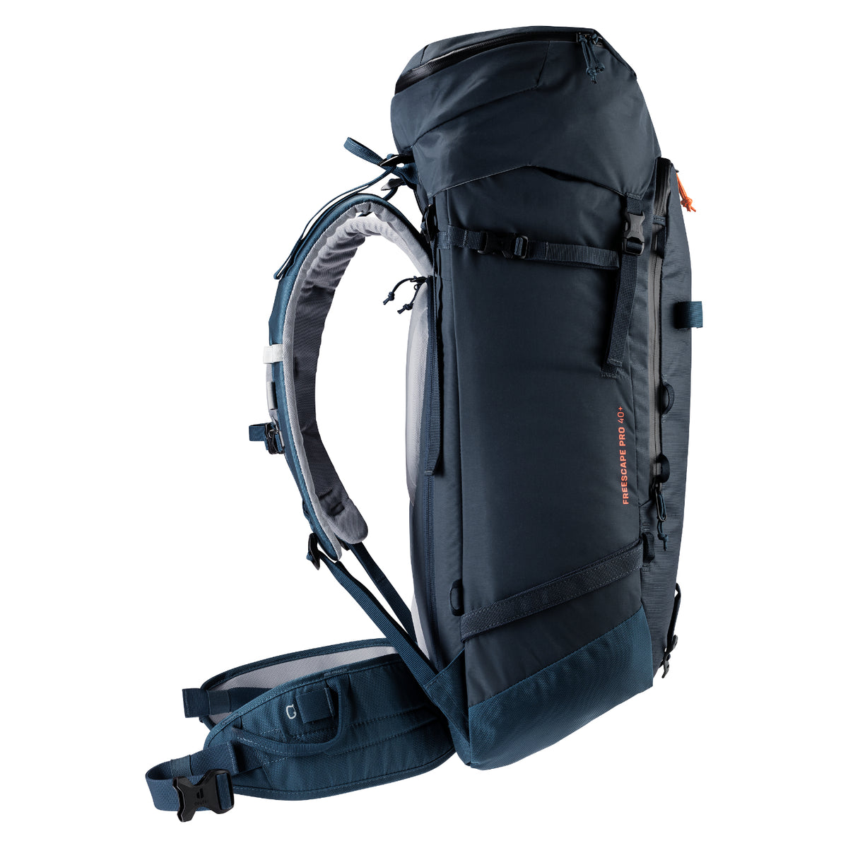 Deuter Freescape Pro 40+ rucksack in ink blue, from the side.