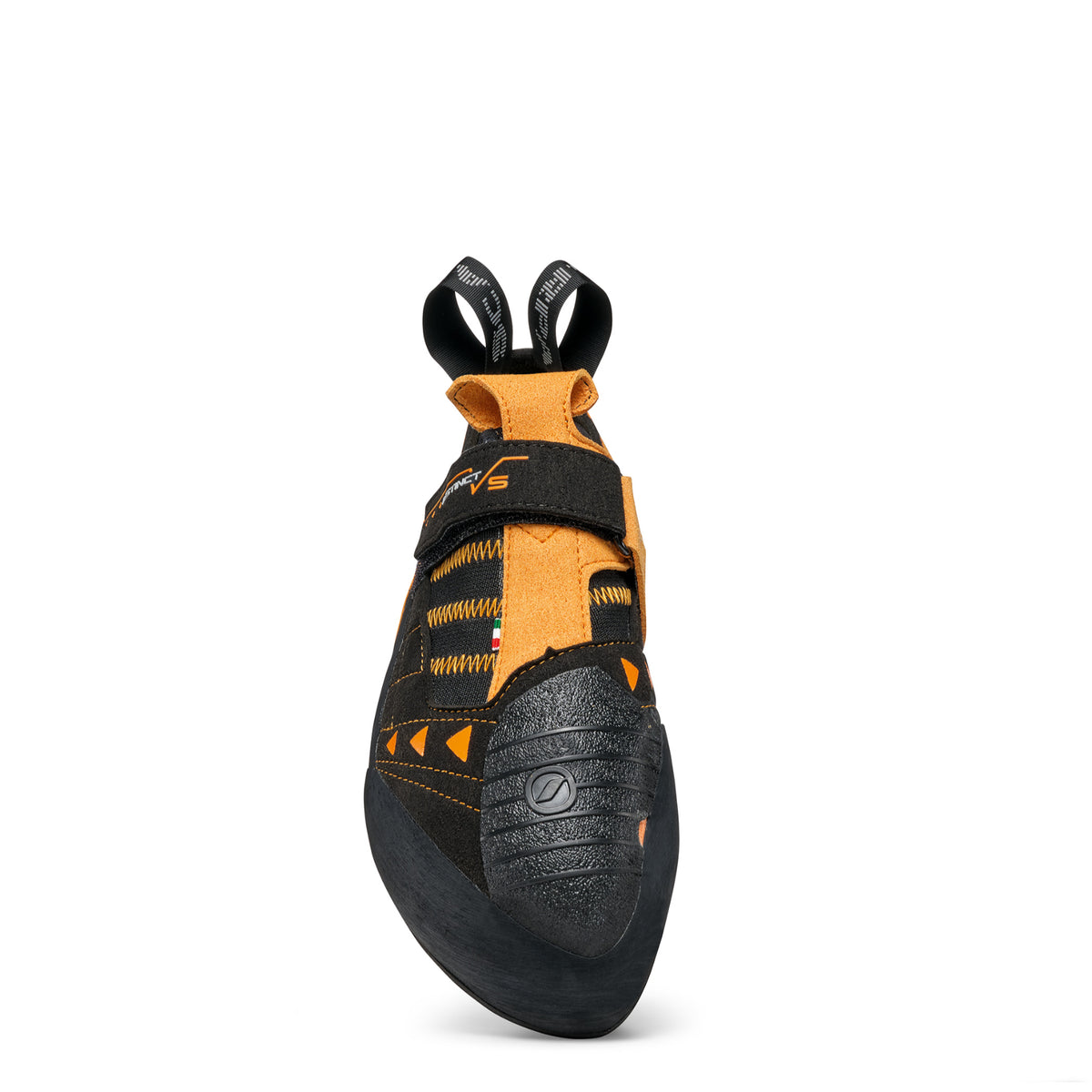 Scarpa Instinct VS climbing shoe in black/orange. front view showing toe rubber