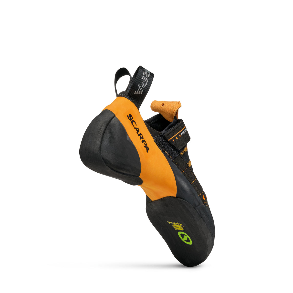 Scarpa Instinct VS climbing shoe in black/orange. rear view