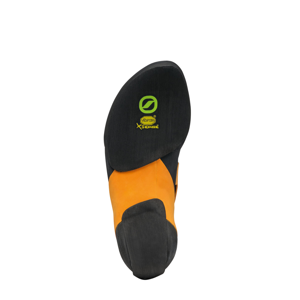 Scarpa Instinct VS climbing shoe in black/orange. view of the sole