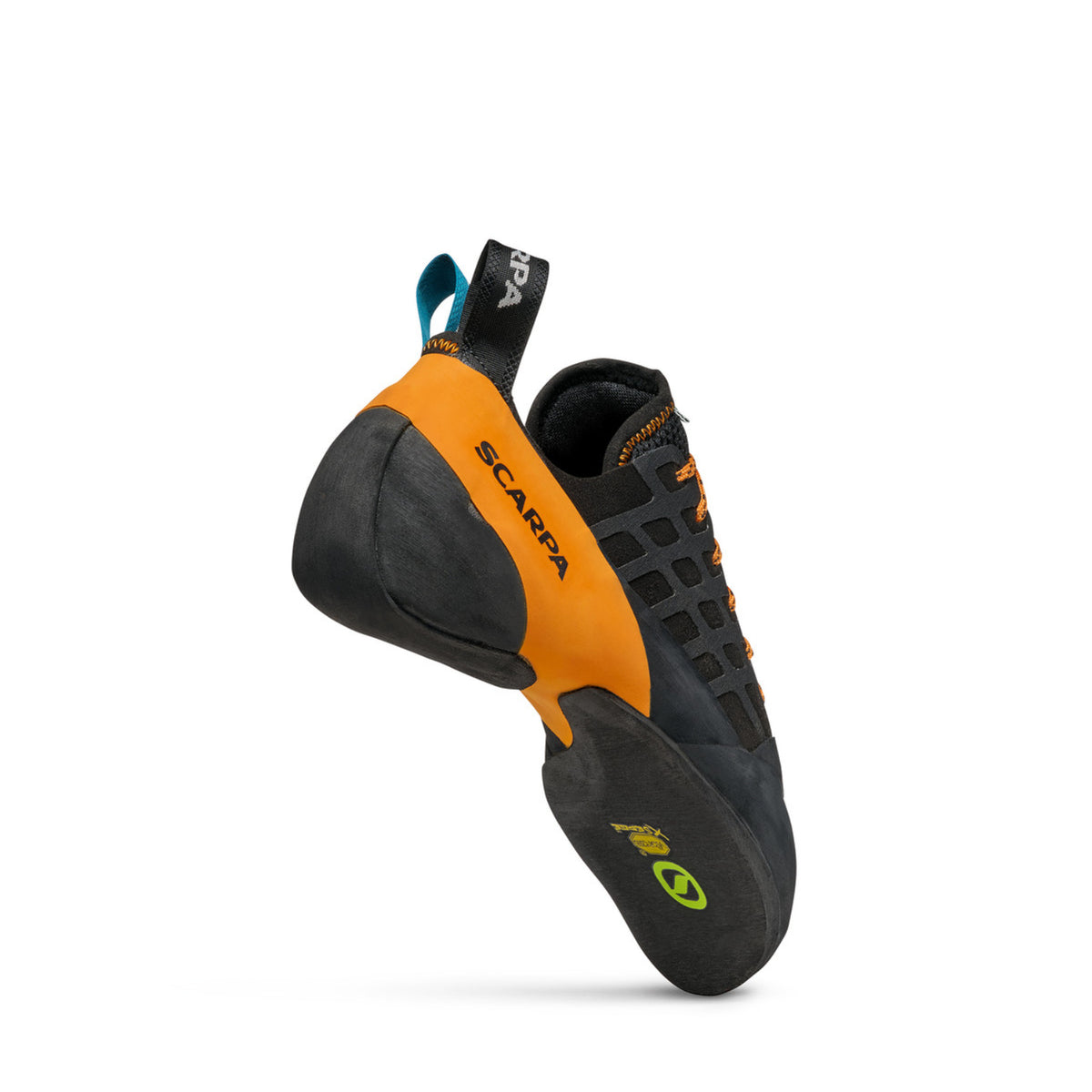Scarpa Instinct Lace black orange. showing heel and logo