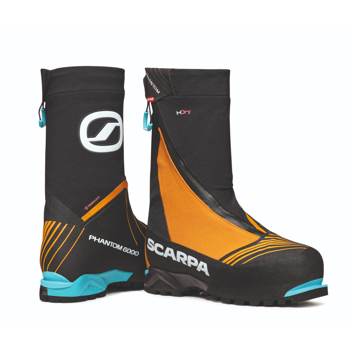 Scarpa Phantom 6000 HD mountaineering boot with Recco technology. Orange and black