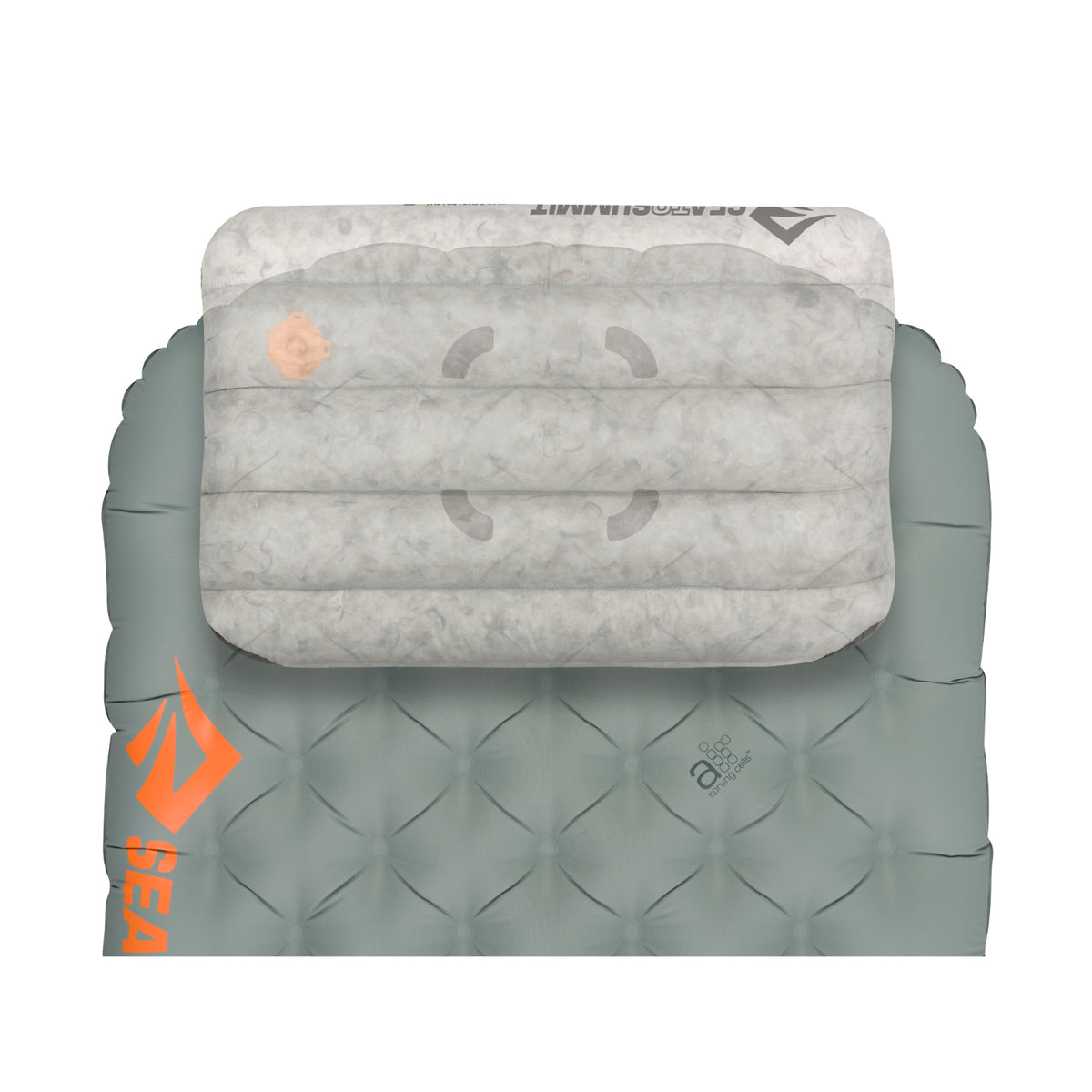 Sea to Summit Aeros Down Pillow showing how it attaches to a sea to summit sleeping mattress