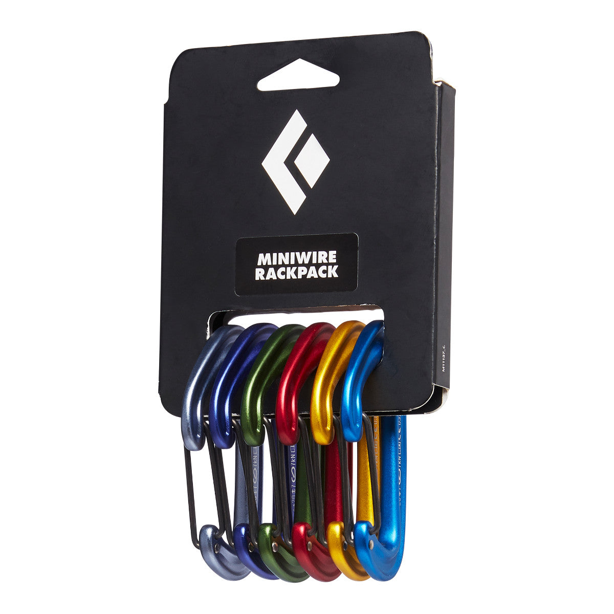 Black diamond Miniwire Rackpack showing 6 carabiners in different colours held together with black header card