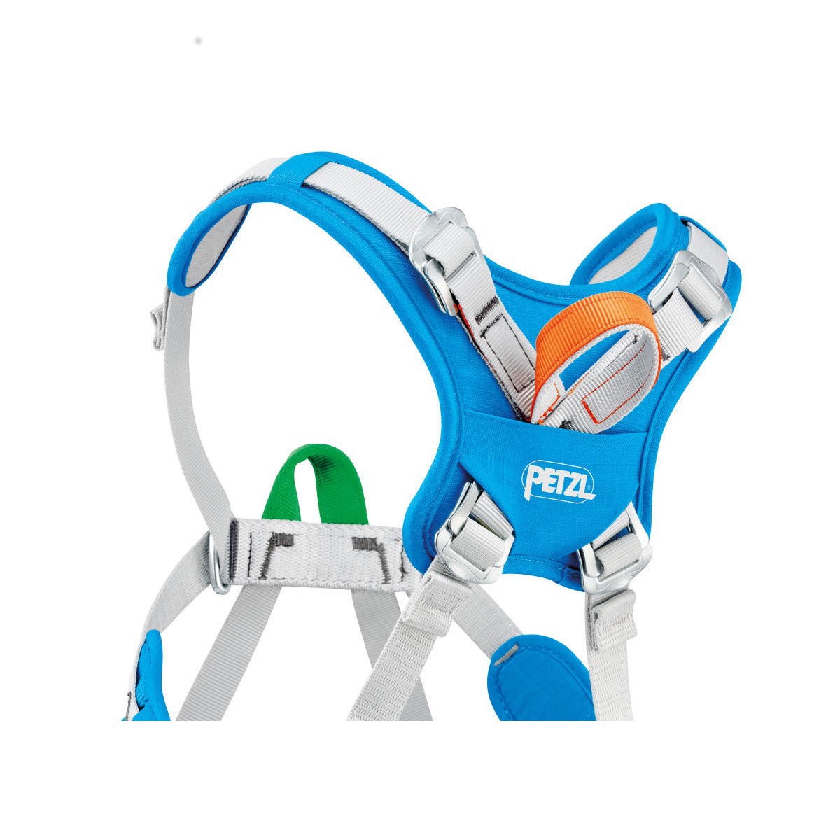 Petzl Ouistiti Kids Harness, close up of the back shoulder strap and rear loop design