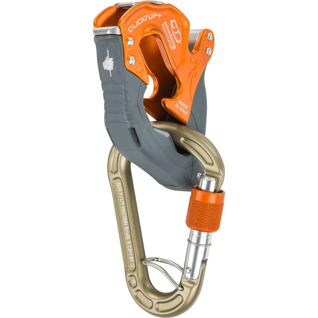 Climbing Technology Click Up Plus belay device, shown in blue colour with carabiner attached