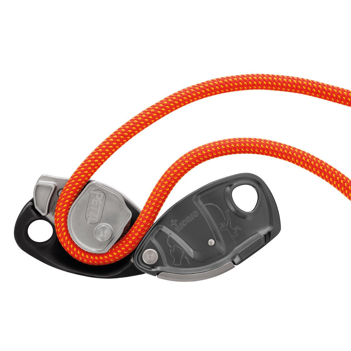 Petzl Grigri + belay device, showing open in use open with orange coloured rope