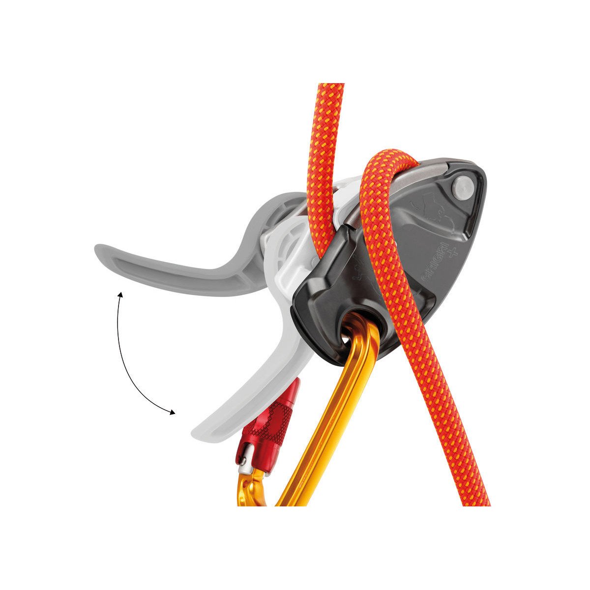 Petzl Grigri + belay device, showing closed in use closed with rope