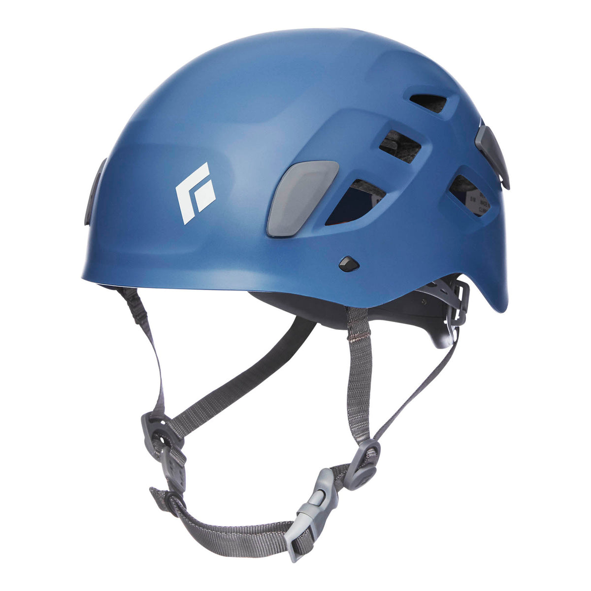 Black Diamond Half Dome climbing helmet, front/side view in blue colour with grey chin strap