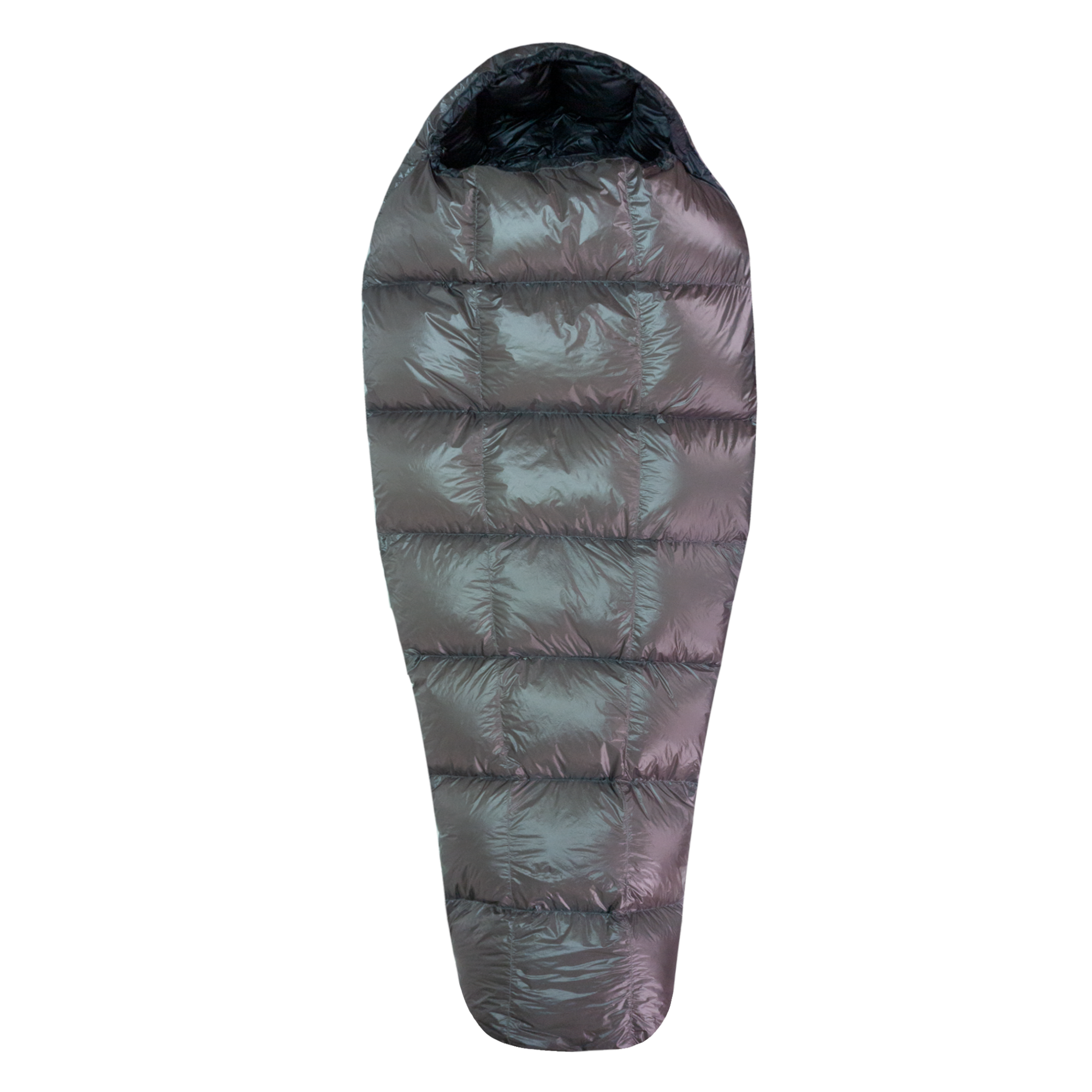 Western Mountaineering Highlite down sleeping bag partially open, in purple with black lining