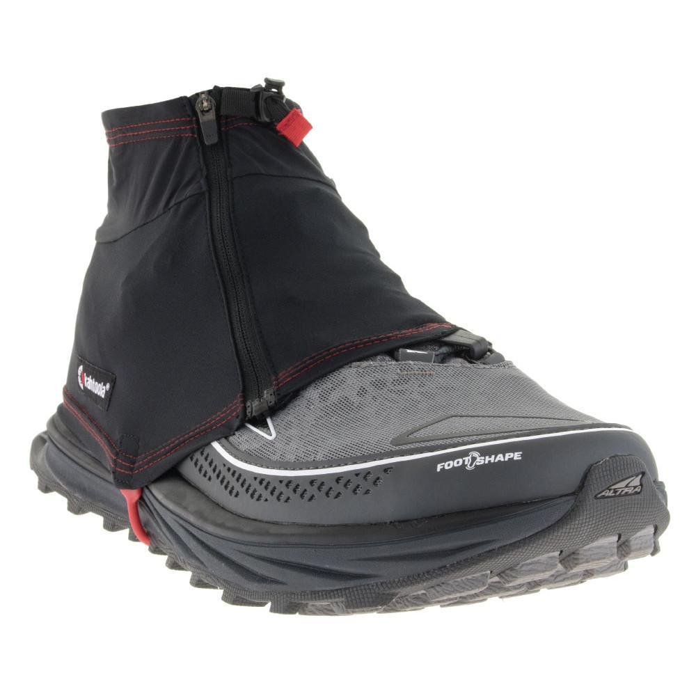Kahtoola Insta Gaiter GTX, front/outer side view shown over running shoe, in black colour