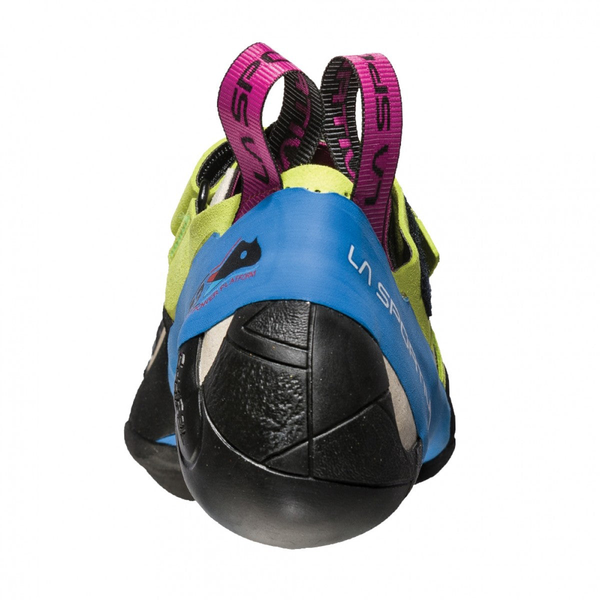 La Sportiva Skwama Women&#39;s rock climbing shoe, demonstrating S-heel as seen from the rear.
