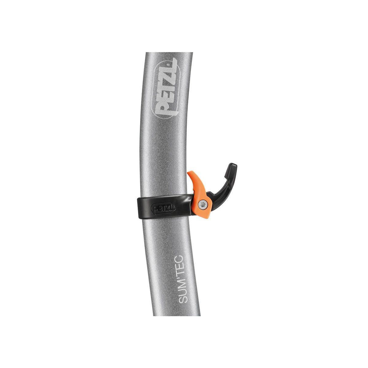 Petzl Trigrest trigger for summit ice axes in black and orange on upper of ice axe]
